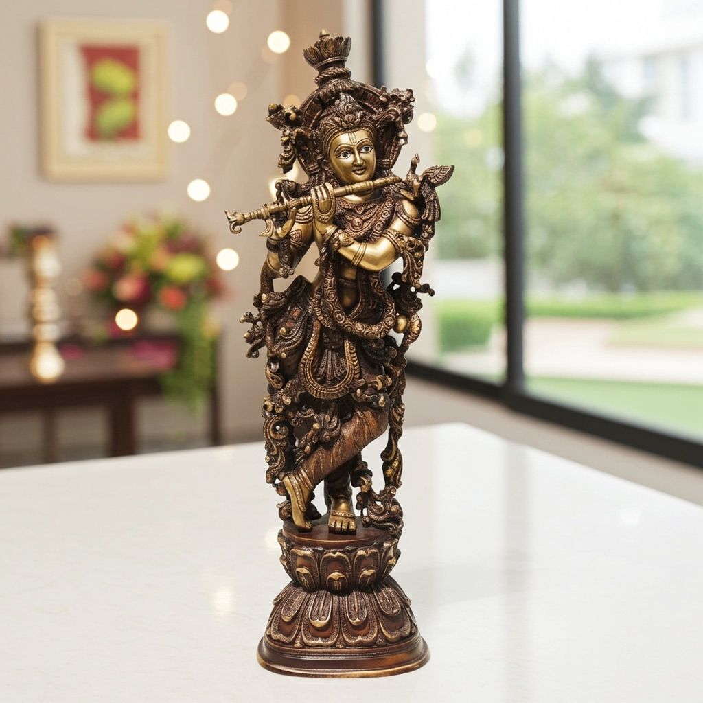 Brass Showpiece Krishna Statue With Antique Finish (BSMAS582 K)