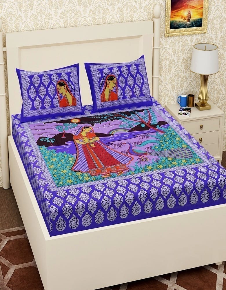 3001-Hometrade India-Standard King Size (90*108 Inches) Double Bedsheet With 2 Pillow Cover-RJ-14-Jaipur lining-3357