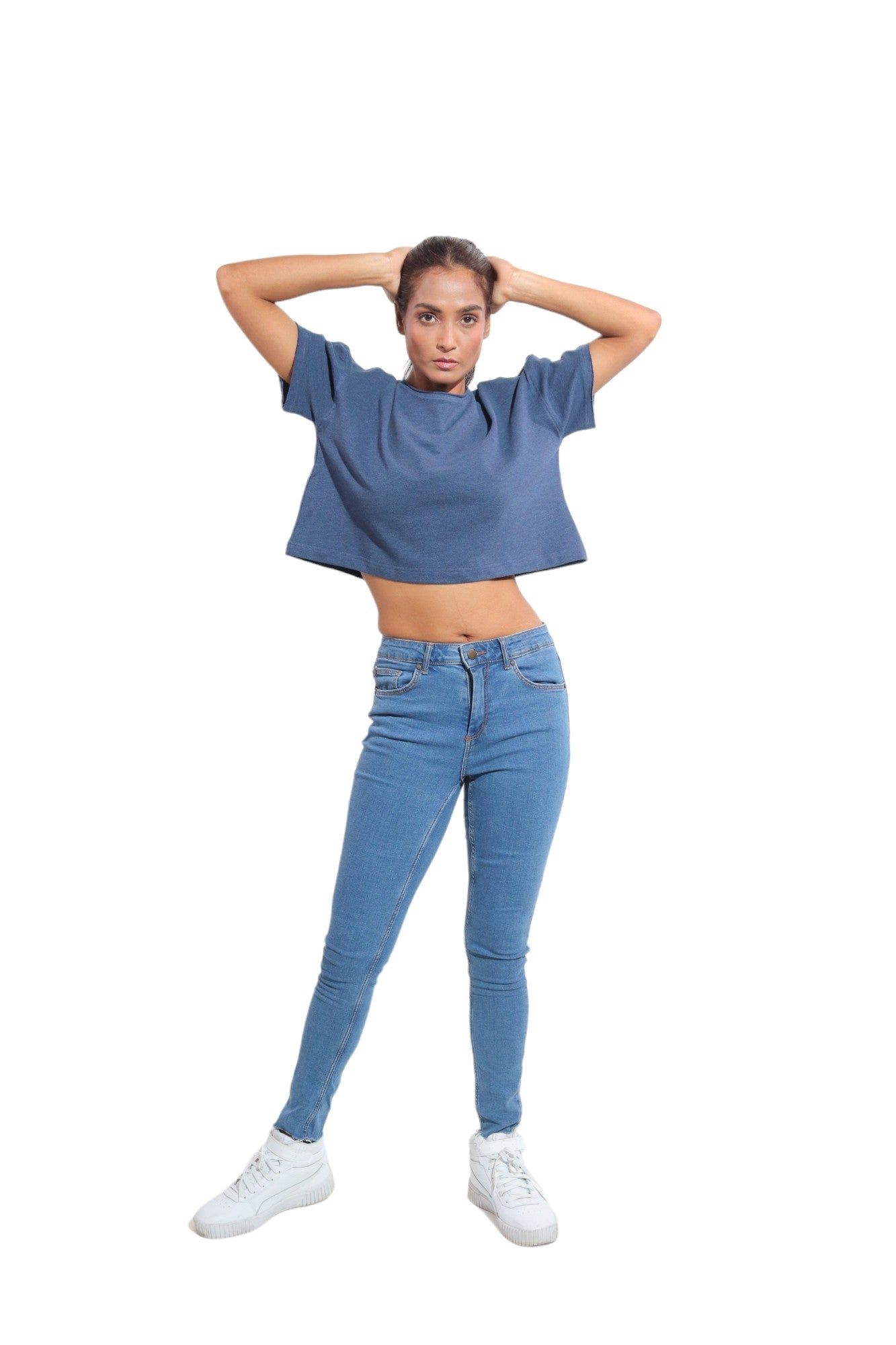 Kinnko Premium Cotton Womens Self textured Blue Solid Crop T-Shirt Plain