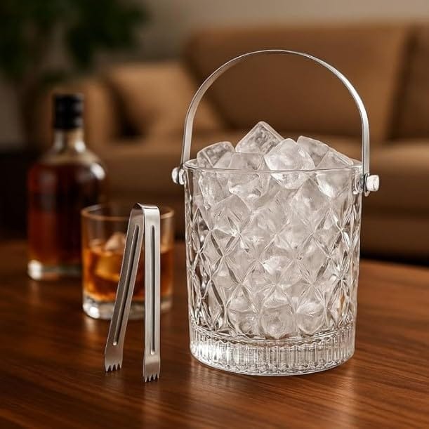 Glass Ice Bucket with Steel Handles and Tong, 980 ML, Elegant Diamond Texture, Perfect for Parties and Bar Setups, Easy Use and Classy Presentation, 1 Set