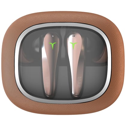 truke New Launch Crystal Dyno Leather Finish True Wireless in Ear Earbuds w/Spatial Audio, 70H Battery Rapid Charge Ear Buds, 13mm Driver HiFi Sound TWS, 40ms Ultra Low Latency, 4Mics ENC - OakBrown
