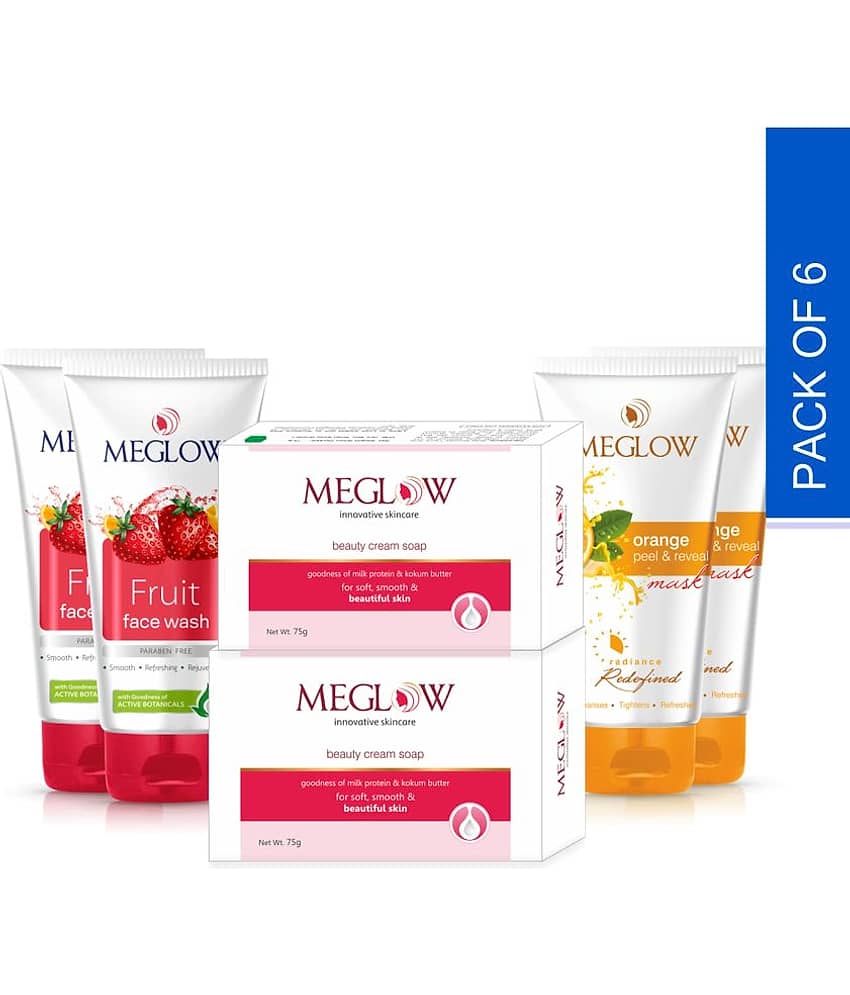 Meglow Orange Peel & Reveal Mask (2x70g) + Fruit Facewash (2x70g) + Beauty Soap (2x75g)- Combo Pack