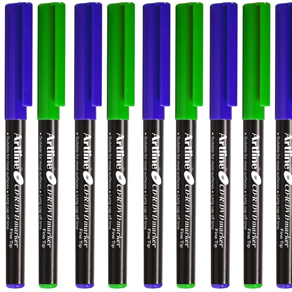 Artline CDR/DVD Marker Blue Pack of 10 X 3 Packs, Green Pack of 10 X 2 Packs (50 DVD's Markers) | On Multiple Surface: Metal, Plastic/OHP, Glass/Porcelain & Carton