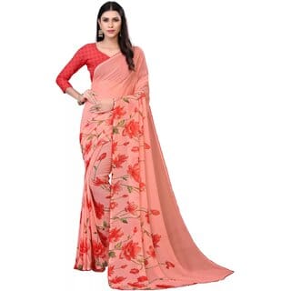 SVB Sarees Womens Peach Colour Floral Printed Saree With Blouse Piece