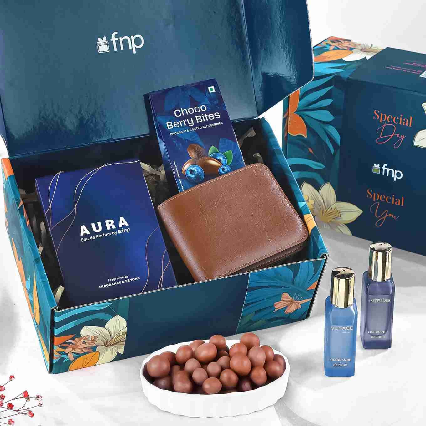 FNP Valentine's Day Hamper for Him - Aura Perfume Duo, Tan Wallet & Choco Berry Bites - Romantic Gift Set