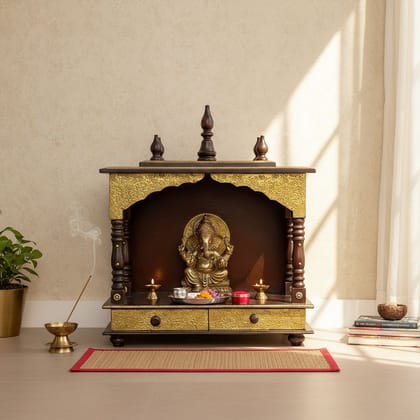 BAANMATA INTERNATIONAL Handicraft Wall-Temple, Brass Embossed Wooden Temple, Pooja-Room Mandir, Drawer-Temple (Size-18 x 9 x 22 inch)