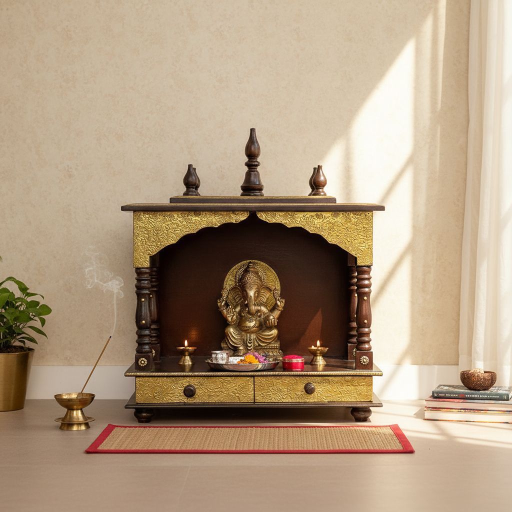 BAANMATA INTERNATIONAL Handicraft Wall-Temple, Brass Embossed Wooden Temple, Pooja-Room Mandir, Drawer-Temple (Size-18 x 9 x 22 inch)