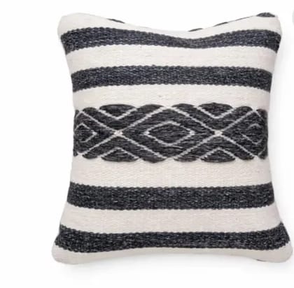 Handmade Cotton Cushion With Dp Wool Geometric Pattern Square 16x15 Inch Black White