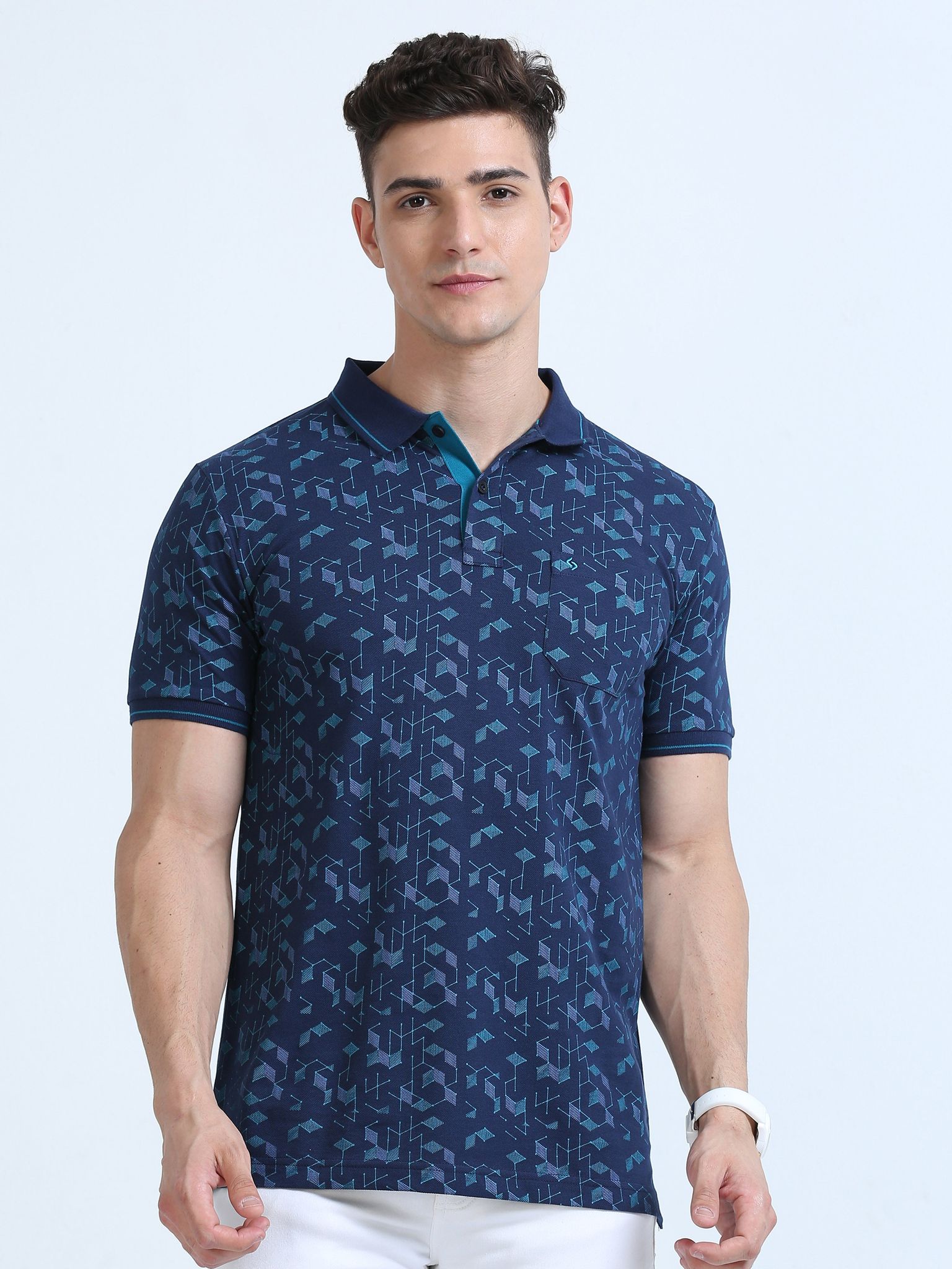 Classic Polo Men's Polo Neck Cotton Navy Blue Slim Fit Printed T-Shirt | BEAU-242 A SF P