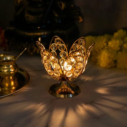 Craftlayout Crystal Lotus Diya Diwali Decoration, Golden 2.5 Inch