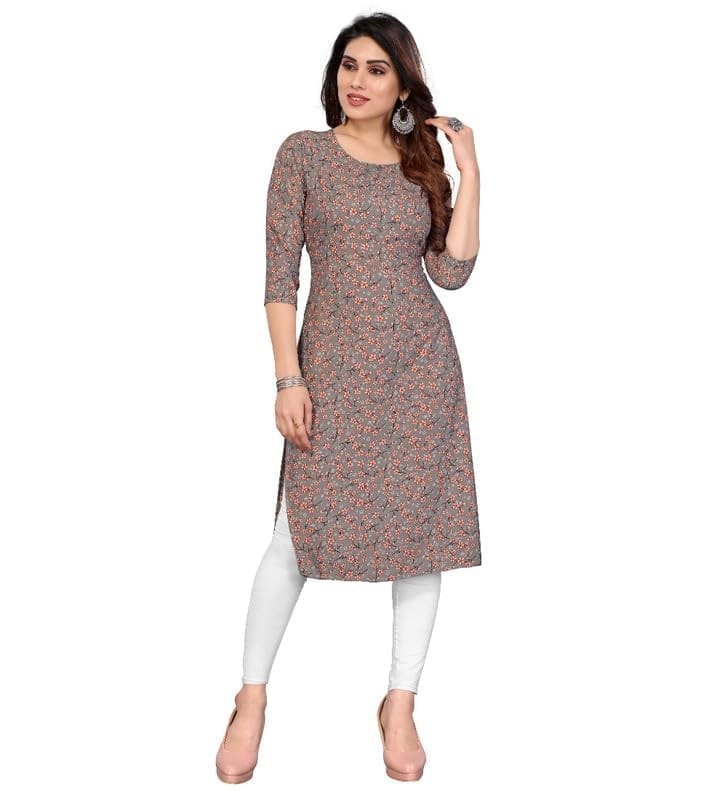 Women's Casual 3/4th Sleeve Printed Crepe Kurti (Peach, S)-PID46175