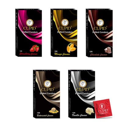 Cupid Dotted & Flavoured Condoms (Mango, Strawberry, Chocolate, Butterscotch & Vanilla Flavour) Pack of 5 | Lubricated & Multitextured Condoms | For Her Enhanced Pleasure | Pack of 5, 12 Pcs Each