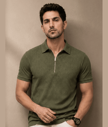 FEVERFEW Men Cotton Blend Regular Fit Solid Polo T Shirt ( Olive )