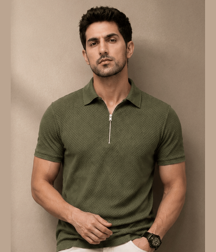 FEVERFEW Men Cotton Blend Regular Fit Solid Polo T Shirt ( Olive )