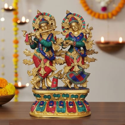 Brass Radha Krishna Big Idol With Base - Premium Temple Statue, Height : 17 Inch (BSMAS961 B)