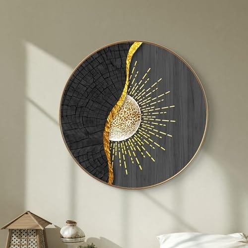 Livin’luxe Abstract Sun Round Wall Painting with Golden PVC Frame | Modern Black Gold Sunburst Art Decorative Wall