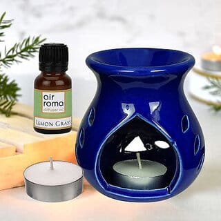 Airroma Aroma Diffuser Gift Set - Blue Oil Burner with Tea Lights Lemongrass Oil