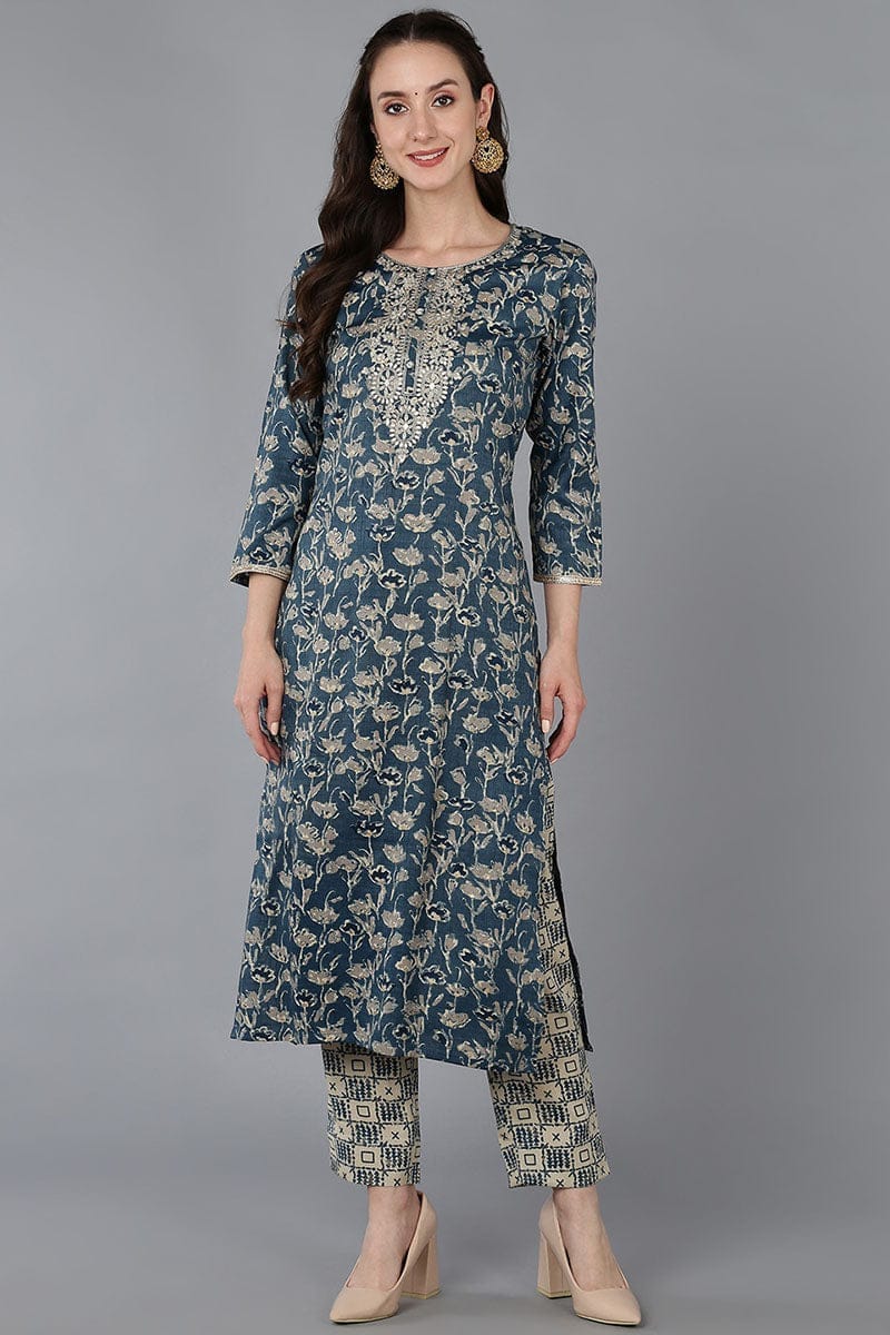 Blue Silk Blend Floral Embroidered Straight Kurta VCK9017