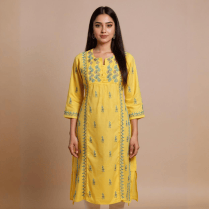 Handcrafted Chikankari A-Line Kurti |Yellow