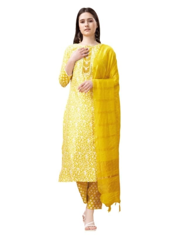 Women's Casual 3-4 th Sleeve Embroidery Rayon Kurti Pant Dupatta Set (Yellow, M)-PID50199