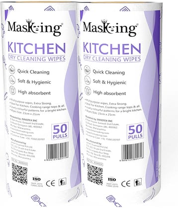 Masking Non-Woven Reusable & Washable Multi Surface Cleaner Wipes Kitchen Dry Roll 23 x 21cm, 100 pulls 358 g Pack of 2