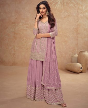 designer chinon palazzo set for women ethnic wear baby pink