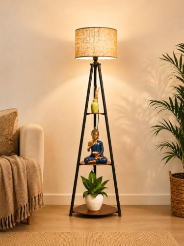 Lamp with 3 Shelves, Brown Jute, Metal Corner Floor Lamp, for Decoration and Gifting,B22 Bulb