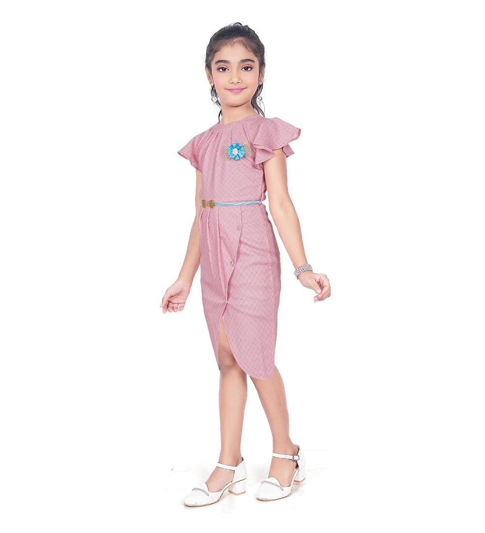 Girl's Knitted Striped Short Sleeve Close Neck Dress (Pink, 5-6_Yrs)-PID63791