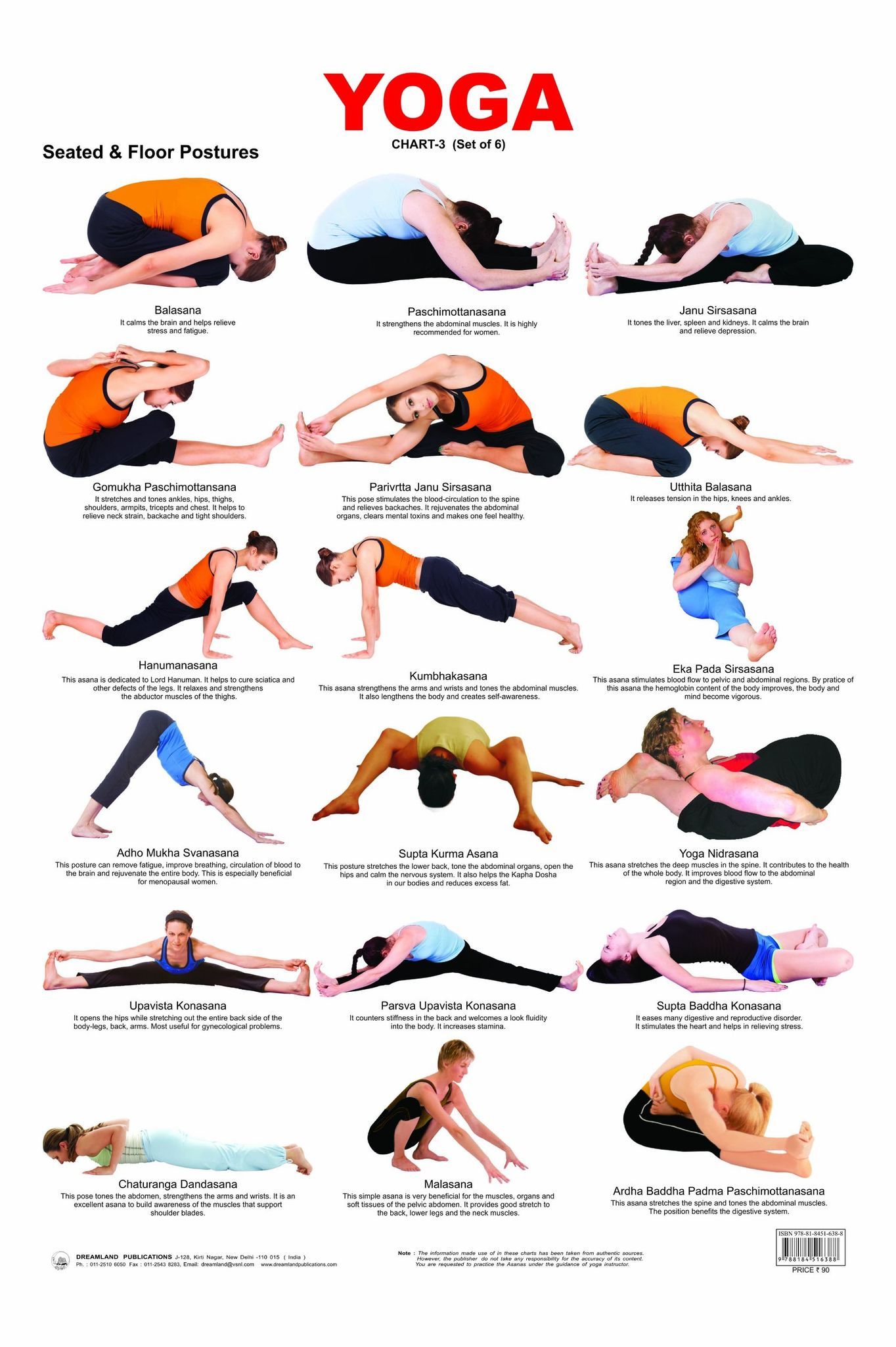 Yoga Chart - 3 Wall Chart - Both Side Hard Laminated (Size 48 x 73 cm) [Poster] Dreamland Publications
