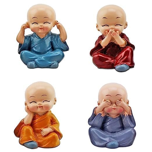 Set of 4 Buddha Monk Statues Miniature Figurines Showpiece for Wall Shelf Table Desktop Car Dashboard Decoration