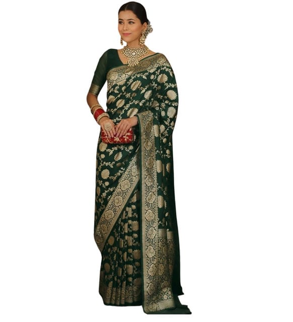 Generic Women's Jacquard Printed Saree with Unstitched Blouse Piece, Soft Lightweight 5.5 m Sari for Daily, Office and Wear (Bottle Green, Design 67653)