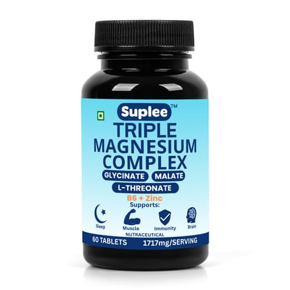 Suplee Triple Magnesium Complex Supplement with Magnesium Glycinate, L-Threonate & Malate | With Zinc & Vitamin B6 for Sleep, Muscle, & Brain Support | 60 Tablets