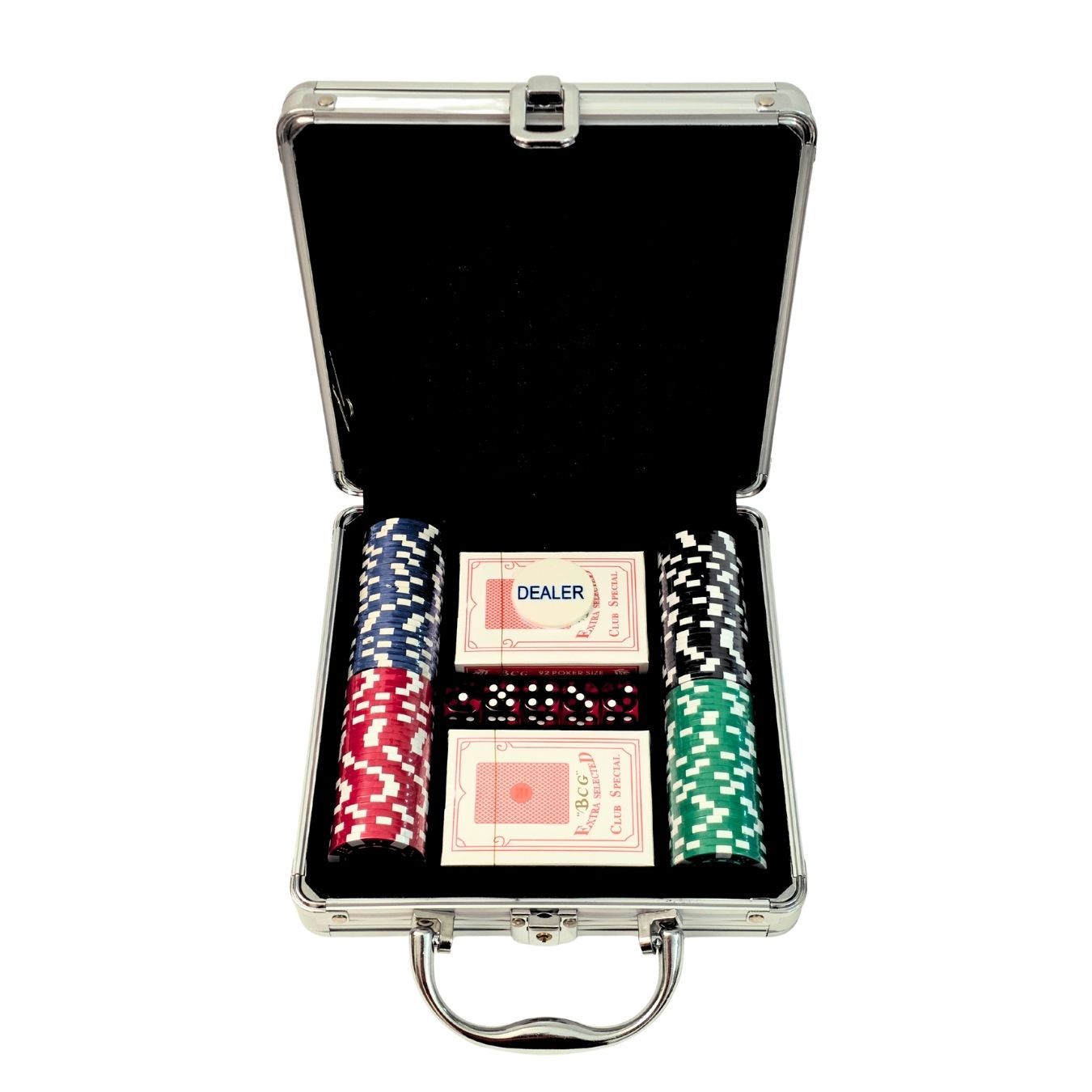 Silver Case Poker Set - Premium Case Includes 100 Casino Size Poker Chips, 2 Card Decks & 5 Dice