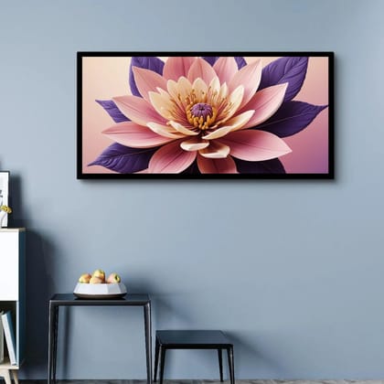 Luminary Blissful Harmony – Romantic Blush Lotus Museum-Quality Cotton Canvas Painting for Modern Home Décor | Frame Size (127 X 69 Cm) | Frame Type (Black) | 5-Year Warranty