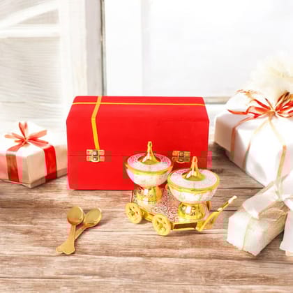 Handcrafted and Hand Embossed Premium Brass Bowl and Spoon Set with Miniature Table Trolley