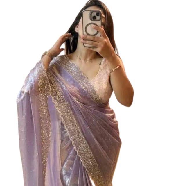 Women's Fendy Chiffon Embellished Saree With Unstitched Blouse - 5.5 Mtr (Lavender)
