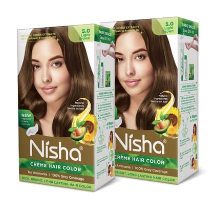 Nisha Creme Hair Color 5.0 Light Brown 120g Pack of 2, Permanent Hair Colour, No Ammonia, 100% Grey Coverage