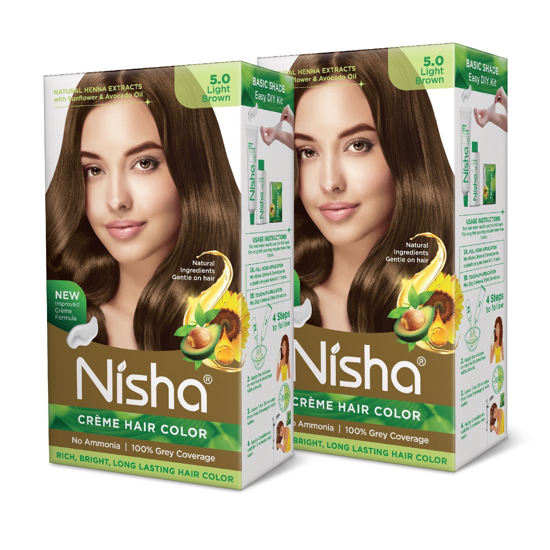 Nisha Creme Hair Color 5.0 Light Brown 120g Pack of 2, Permanent Hair Colour, No Ammonia, 100% Grey Coverage