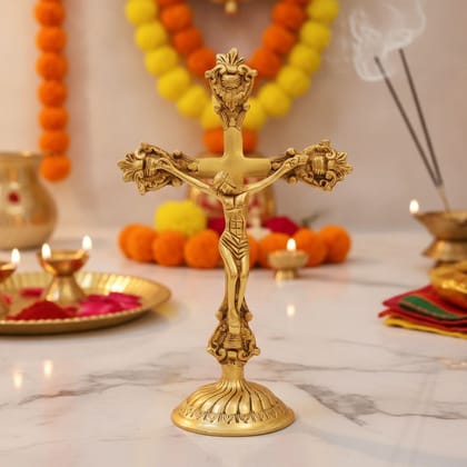Brass Cross with Jesus Statue for Home Prayer Room & Gifting, Height : 11 Inch (BSMAS1940 C)