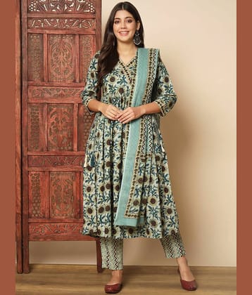 Vbuyz Cotton Printed Kurti With Pants Women's Stitched Salwar Suit - Teal ( Pack of 1 )