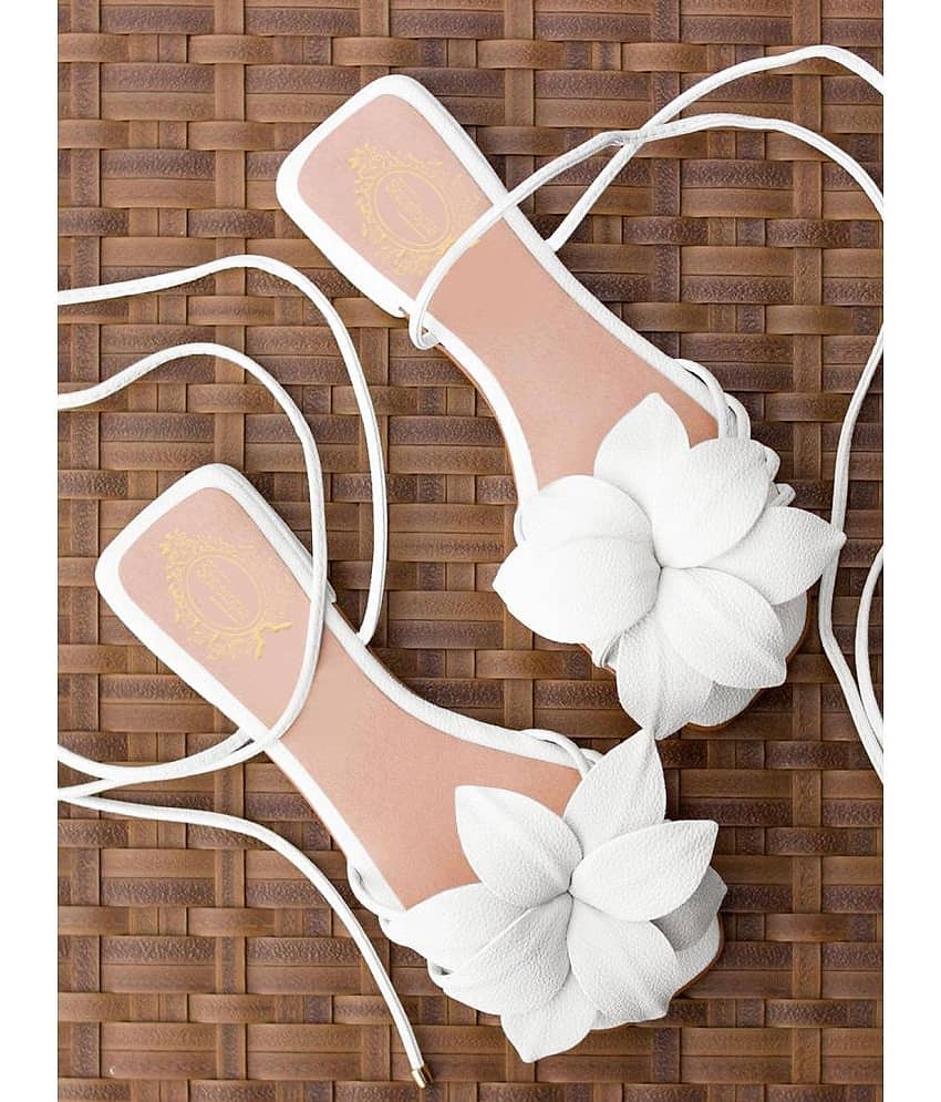 Shoetopia Stylish Trendy Casual Elegant Flower Embellished White Flats With Tie-up Style For Girls