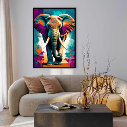 Luminary Boho Charge – Tribal Safari Elephant Museum-Quality Cotton Canvas Art for Living Room Décor | Frame Size (69 X 97 Cm) | Frame Type (Black) | 5-Year Warranty