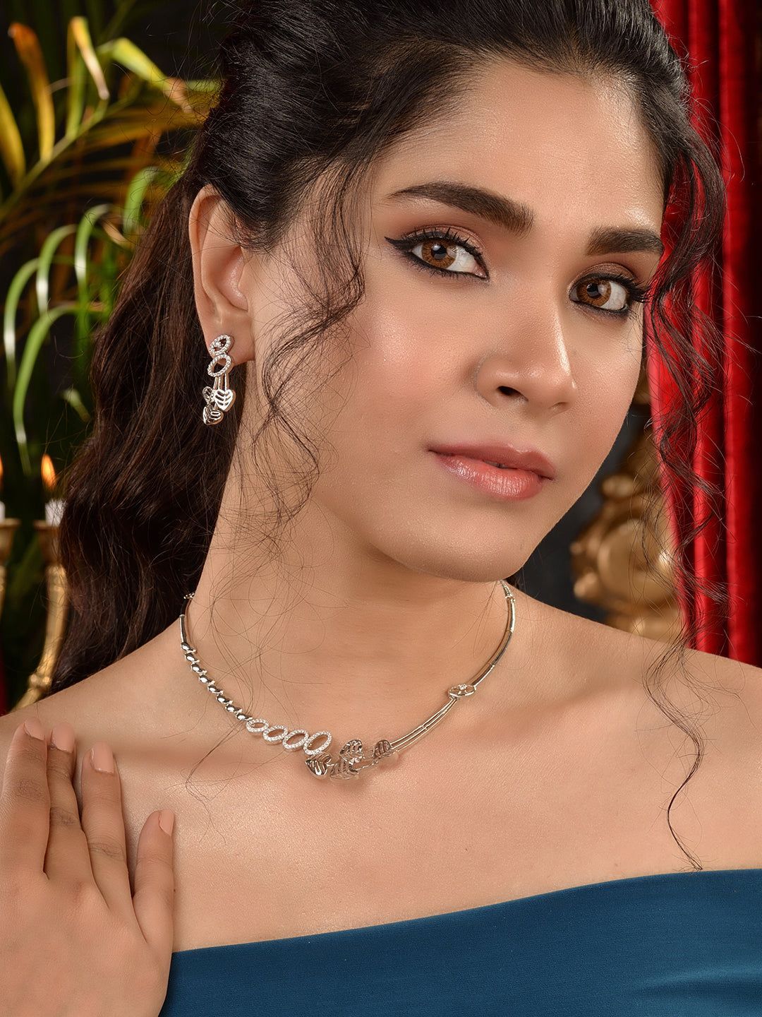 White Silver Toned AD Studded Heart Shape Necklace Jewellery Set