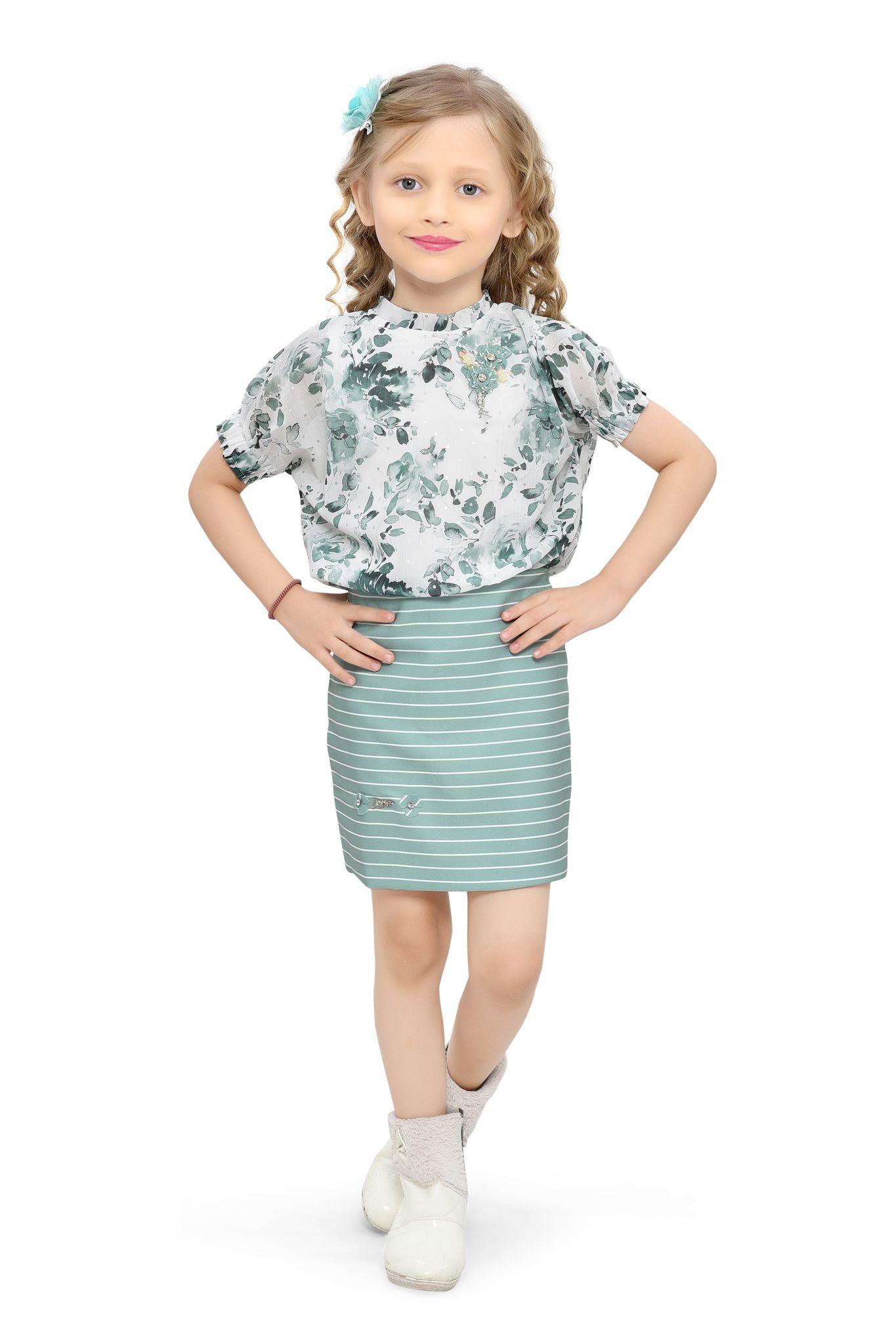 Be:Kids Elegant Floral and Striped One-Piece Dress for Girls
