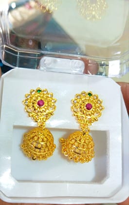 MISHTI CREATIONS Royal Floral Motif Jhumkas – Antique Gold Finish with Stone Studded Detailing
