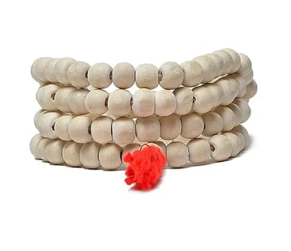 108+1 Beads White Chandan/Sandalwood Rosary String Mala for Wearing, Jaap/Chanting or Pooja