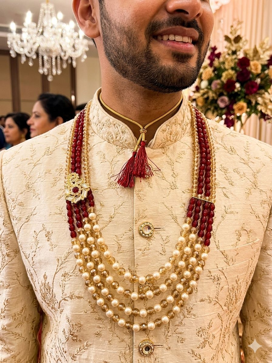 royal multi-layerd marron beads and white moti pearl neckalce with side brooch