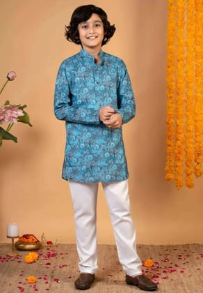 Boys Teal Blue Cotton Botanical Printed Kurta Pyjama Set