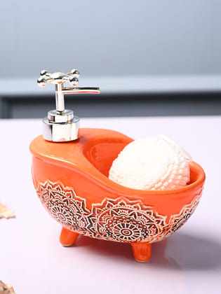 Ceramic Orange Bath Tub Shaped Soap Dispenser - Embossed Glossy Finish Ceramic Orange Bath Tub Shaped Soap Dispenser - Embossed Glossy Finish