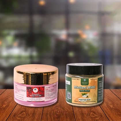 Veora Organics Vitamin E Rose Gel & Neem Multani Mitti Face Pack Combo | Hydrating Anti-Ageing Gel with Purifying Neem Mask | Deep Cleansing, Acne Care & Oil Control | Natural Skincare | 100g + 120g